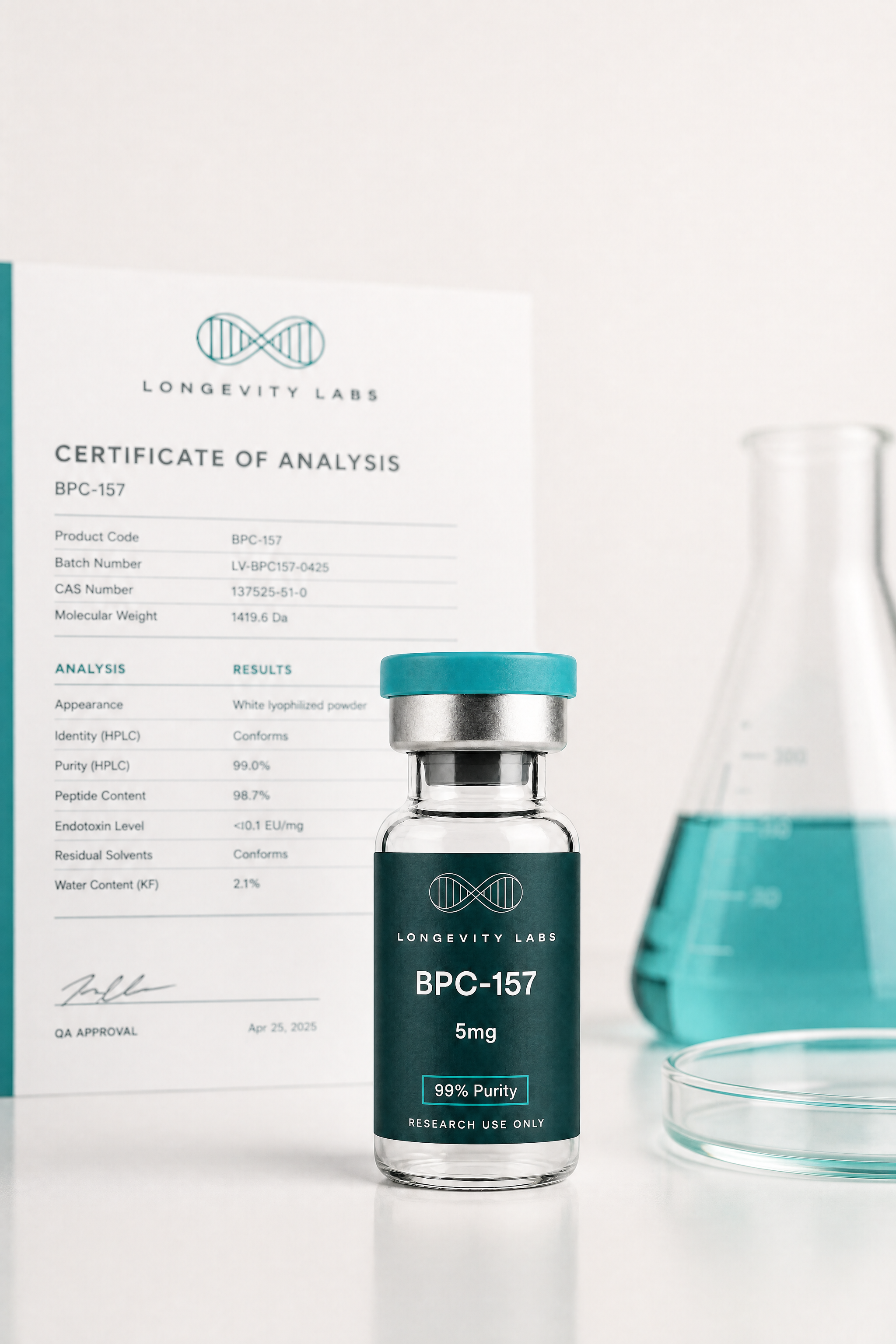 Longevity Labs vial with its certificate of analysis
